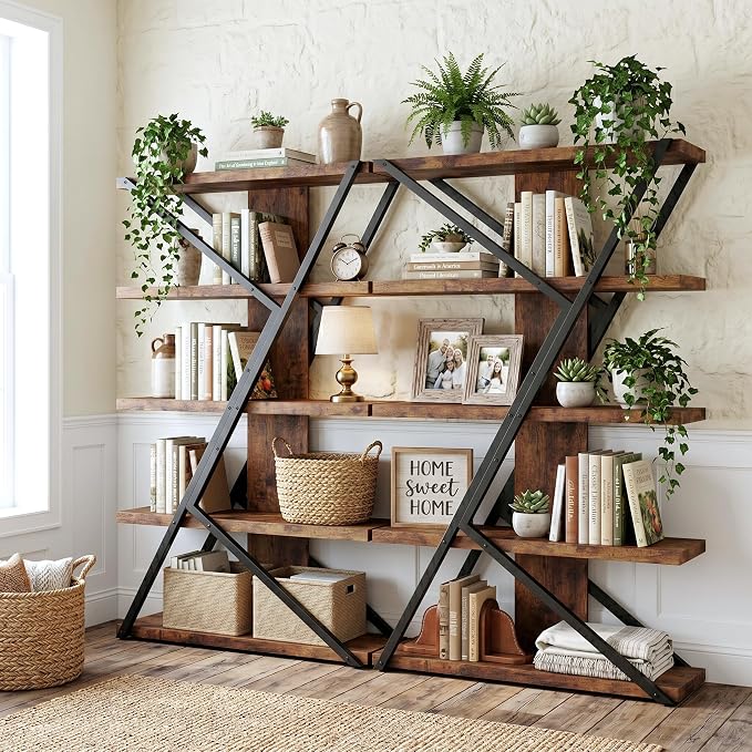 FUSUNBAO Industrial Bookshelf, Vintage 5-Tier Tall Bookcase - Image 3