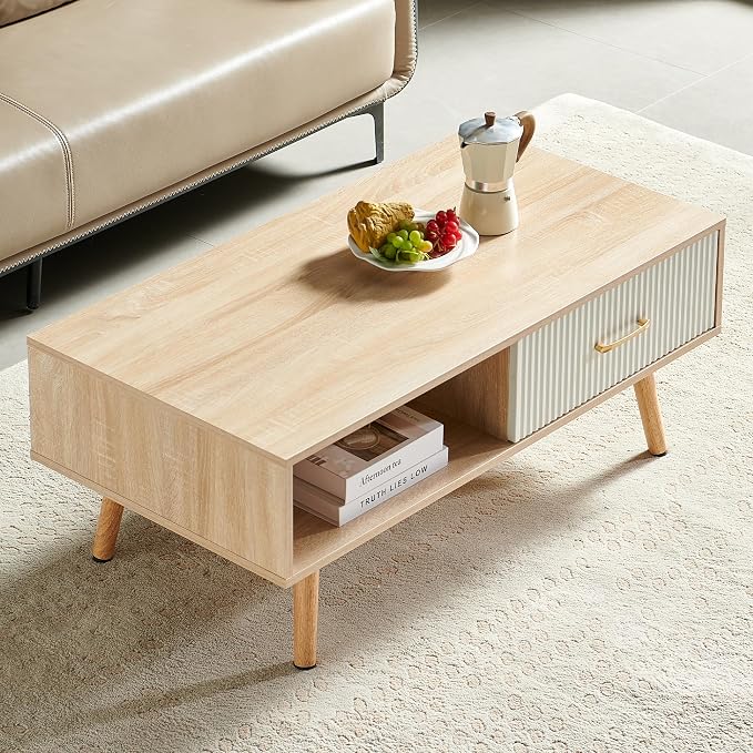 Coffee Table with Storage, Mid Century Boho Wood Center Table with Open Storage - Image 5