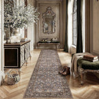 2x12 Brown Blue Vintage Floral Washable Runner Rug - Image 2