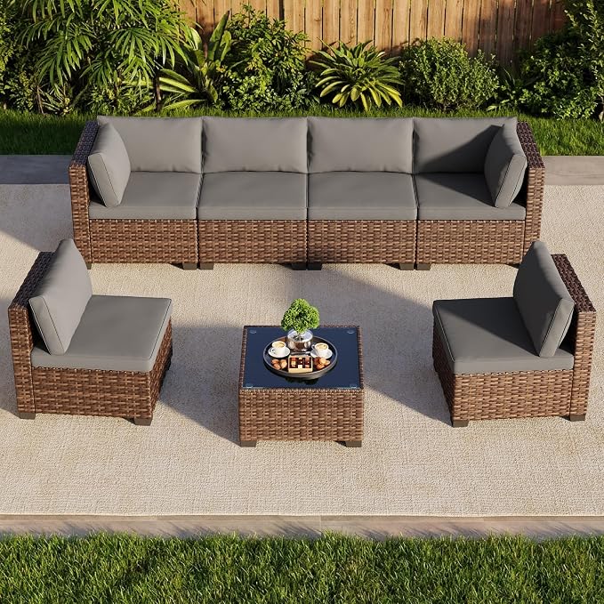 Qsun 7 Pieces Patio Furniture Set, Outdoor Sectional Rattan Sofa Set, Wicker - Image 9