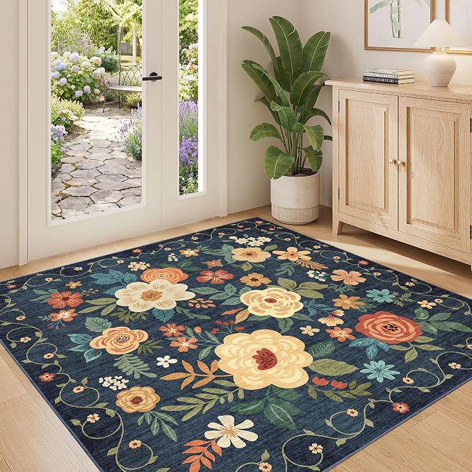 DUKINO 4x4 Square Area Rug, Floral Washable Rug - Image 5