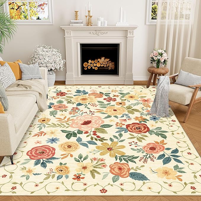 DUKINO 9x12 Area Rug for Living Room, Washable Rug Non Slip, Low Pile, Floral by DUKINO