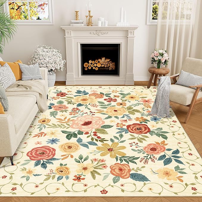 DUKINO 5x7 Area Rug Floral Washable Living Room Rug Non Slip Beige Yellow | Soft by DUKINO