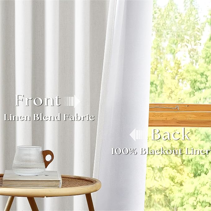 Beige White Pinch Pleat 100% Blackout Linen Curtains 2 Layers 45 Inch Long | - Image 9