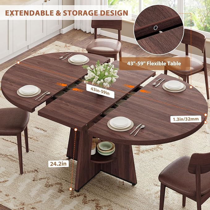 43''–59'' Extendable Dining Table, Round Kitchen Dining Room Dinner Table - Image 4