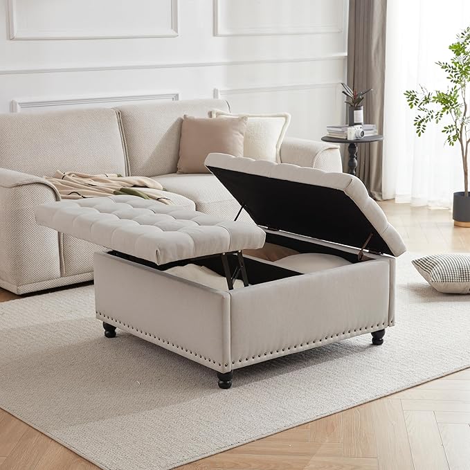 Tbfit Large Square Storage Ottoman Bench, Tufted Upholstered Coffee Table - Image 5