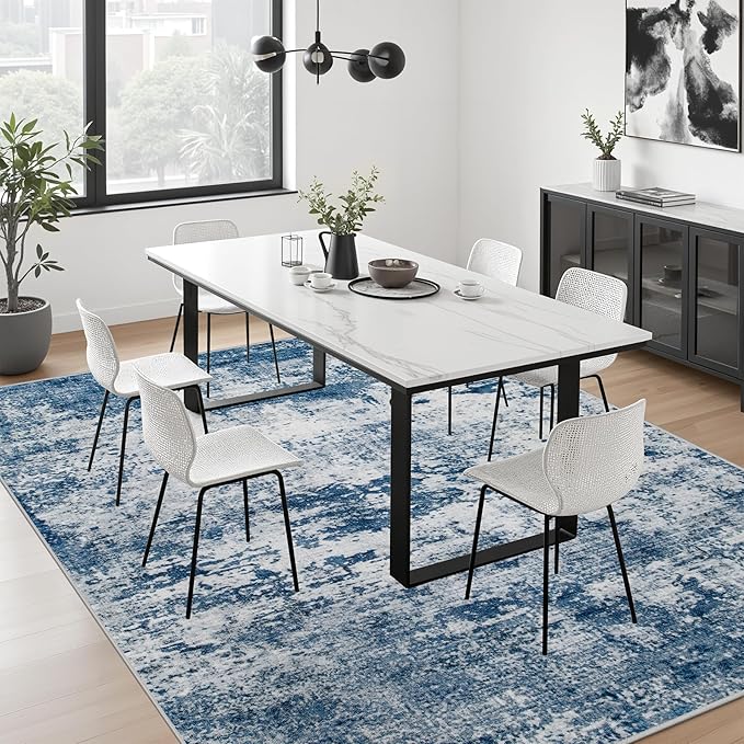 Area Rug Living Room: 8x8 Modern Washable Indoor Soft Carpet Blue | - Image 4