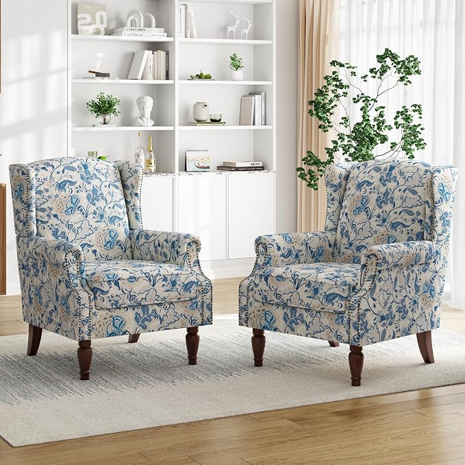 Pia Ricco Set of 2 Floral Accent Chairs, High Back Upholstered Armchairs by PiaRicco