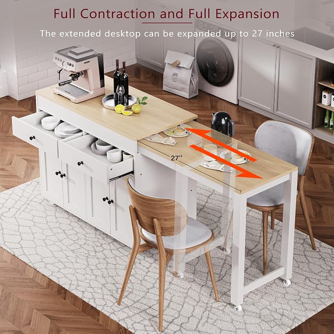 74.5 Inch Kitchen Island with Extendable Dining Table, Rolling Kitchen Island - Image 6