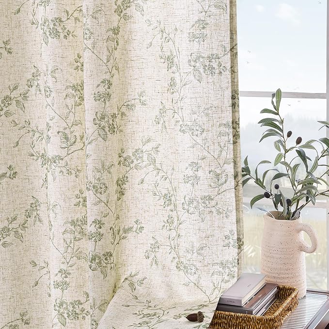 Green Vintage Floral Linen Curtains Farmhouse 38W X 63L 2 Panels | Elisa Series - Image 8