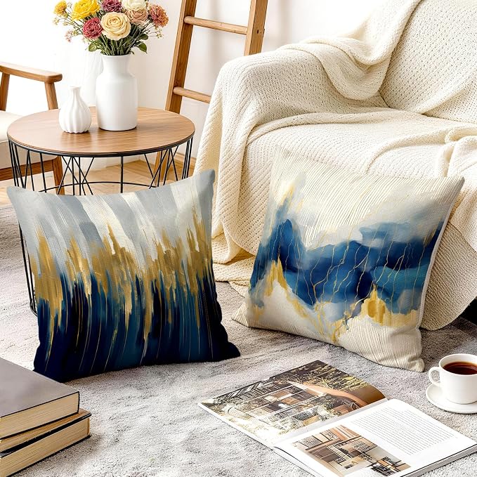 OBSEDE Blue and Gold Abstract Art Decorative Throw Pillow Covers 18 × 18 in - Image 6