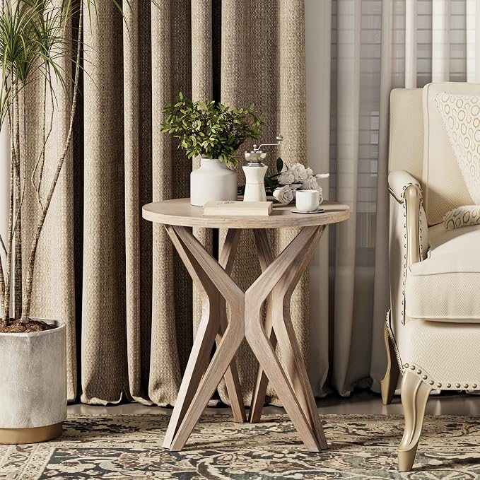 Pedestal Farmhouse End Table, Distressed Top by LONYKE