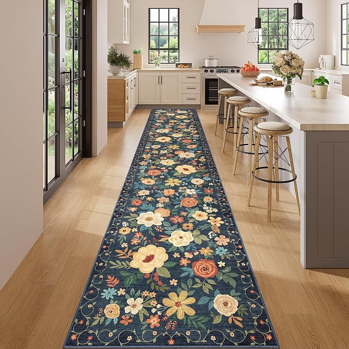 DUKINO 2.6x14 Washable Runner Rug, Floral Non Slip Runner Rug, Low Pile - Image 3