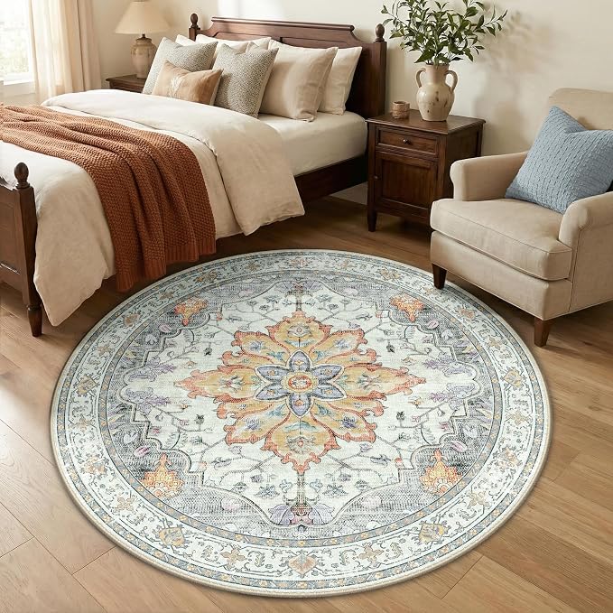 RELEANY Area Rugs Round 5ft Washable Non-Slip, Floral Vintage Distress Print by RELEANY