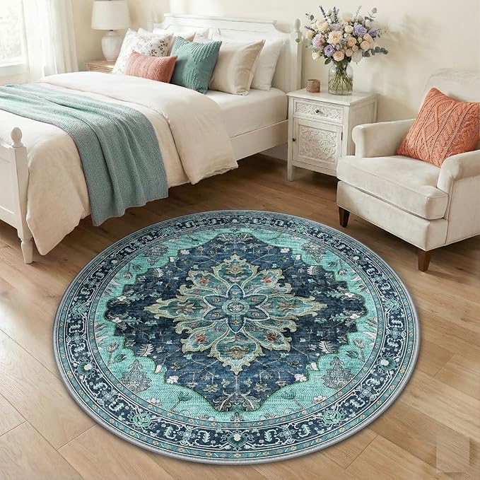 RELEANY Washable Area Rug, Round 4ft, Teal | Non-Slip, Water Repellent by RELEANY