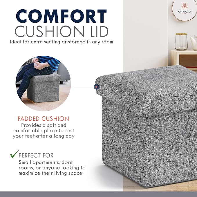 Ornavo Home Small Storage Ottoman Foldable Collapsible Cube Square Linen - Image 6