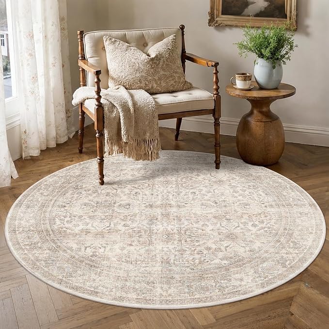 Schweek 4ft Round Rug Neutral Beige Washable Non-Slip Circle Rug Area Rugs | - Image 8