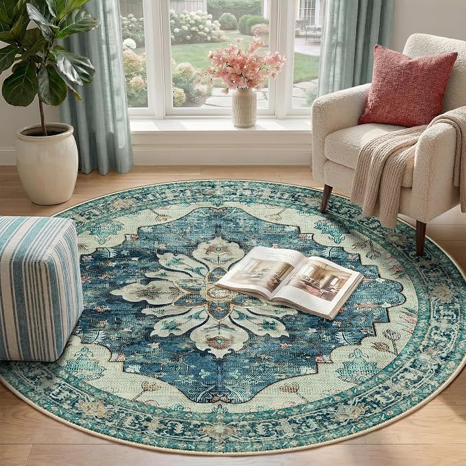 RELEANY Washable Area Rug, Round 4ft, Water Repellent, Pet Friendly, Vintage - Image 2