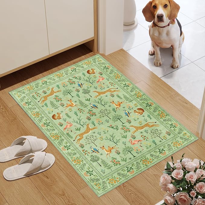 DUKINO 2x3 Entryway Rug, Washable Door Mat Animal Kitchen Rug, Light Green | - Image 3