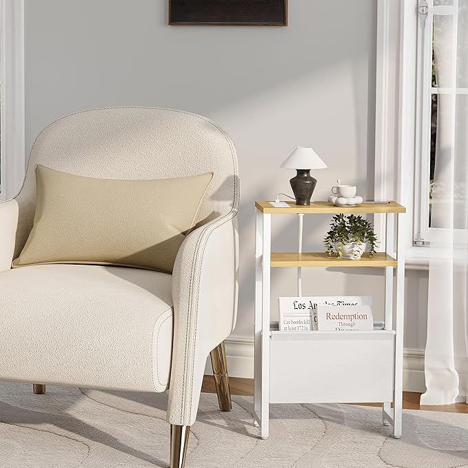 Narrow Side Table with Charging Station Slim End Table Sofa with Magazine Rack - Image 7