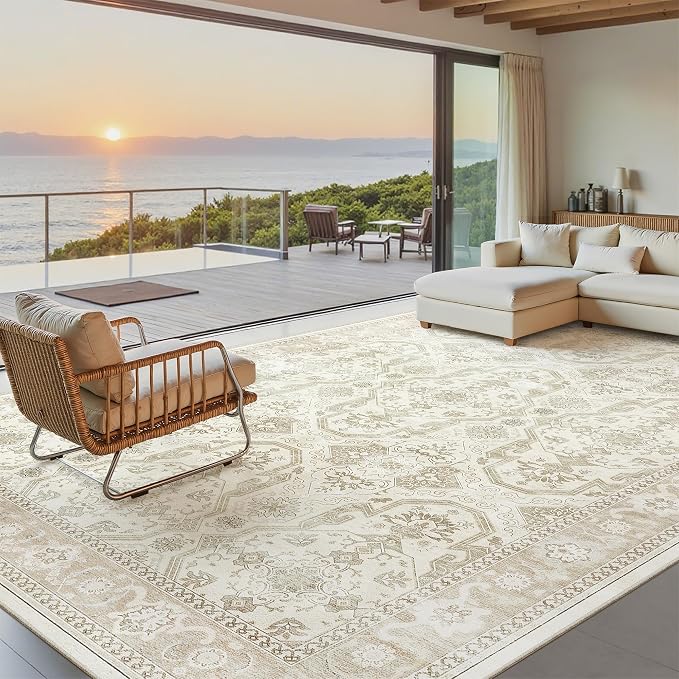 Soalmost 7x10 Area Rug for Living Room Washable Rugs Non-Slip Beige/Brown | - Image 2