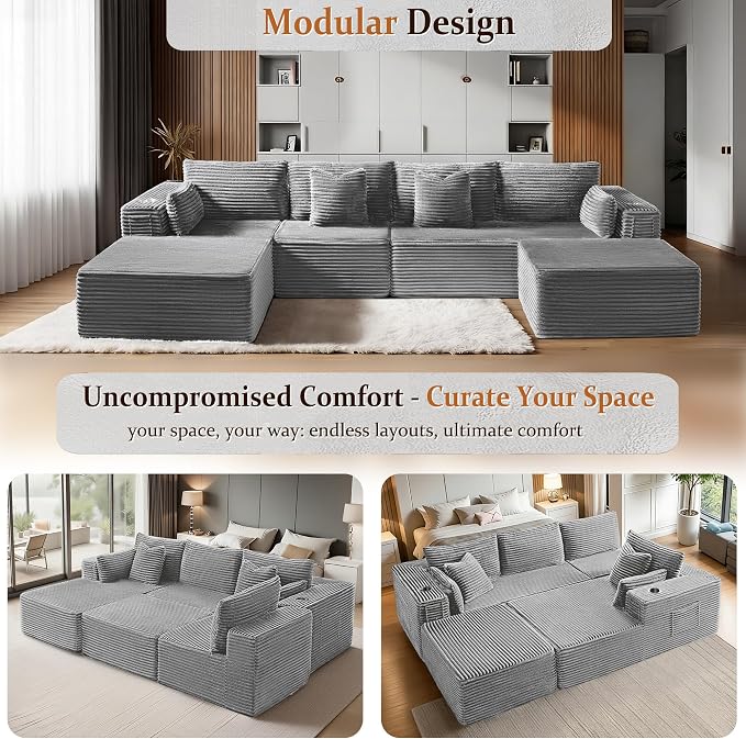 138" Oversized Cloud Sectional Couch, Comfort U Shaped Boneless Couch - Image 6