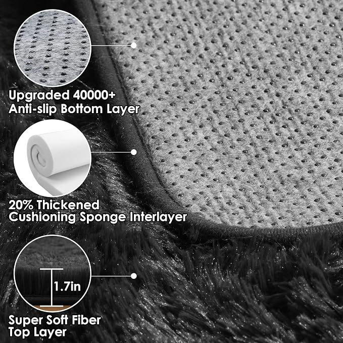 Black Rugs for Bedroom, 3x5 Fluffy Bedside Small Area Rug, Soft Plush Fuzzy - Image 3