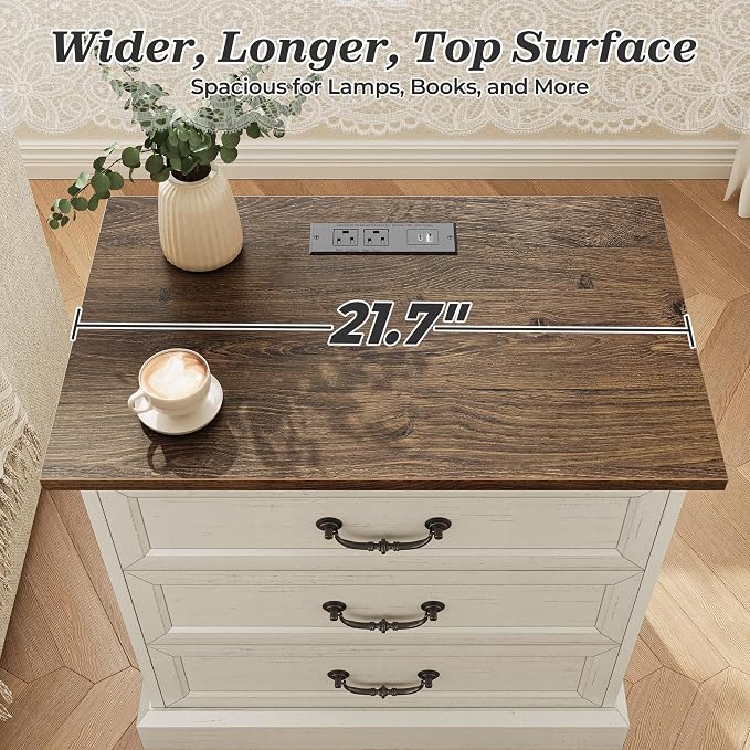 Huuger Nightstand with Charging Station, 3 Drawer Night Stand, 22 Inch Wider - Image 7