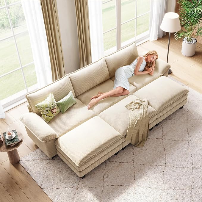 LINSY HOME 123" Modular Sectional Sofa, 3-Seat Corduroy Modern Cloud Couch - Image 7