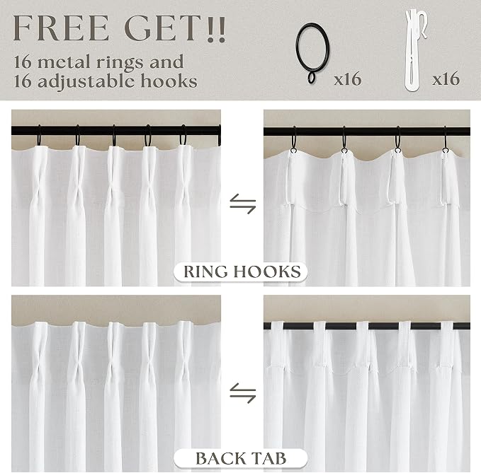 Snow White Pinch Pleated Linen Curtains 108 Inches Long 2 Panels | - Image 5