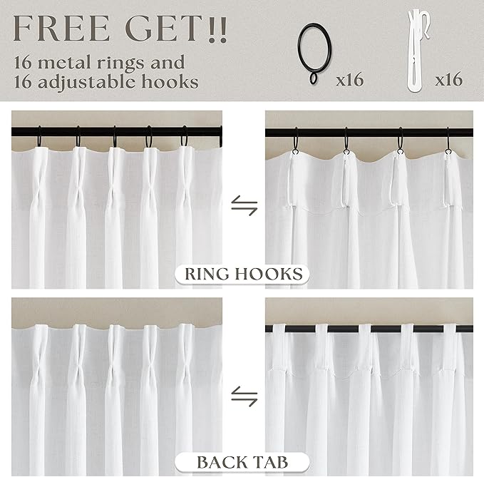 Snow White Short Pinch Pleat Linen Curtains 45 Inch Length 2 Panels Set | - Image 5