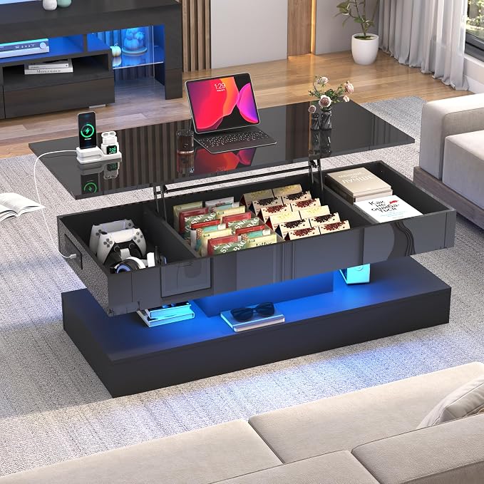 47.2" Large Lift Top Coffee Table, Modern High Glossy LED Coffee Tables - Image 5