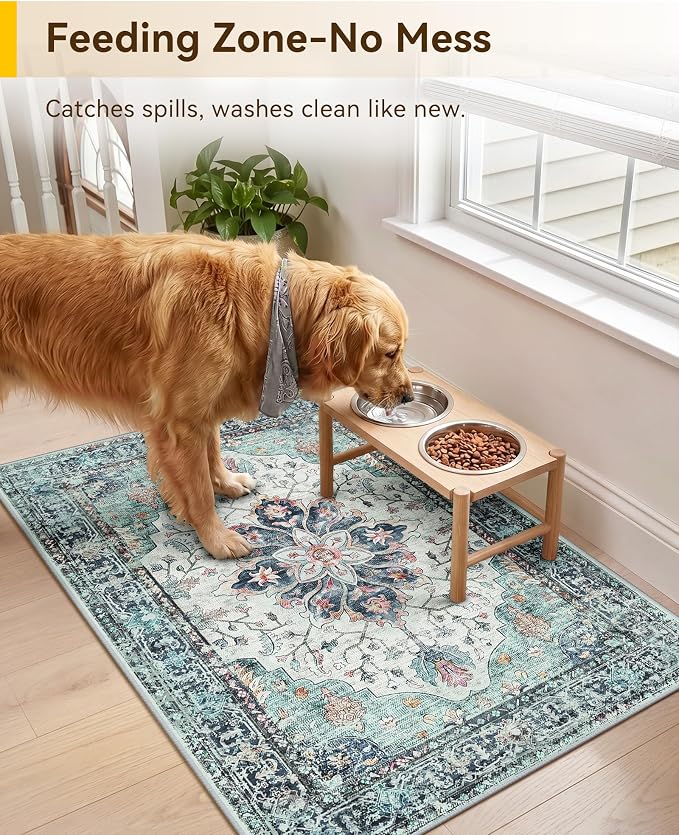 RELEANY Washable Area Rug, Small 2'x3', Teal Green/White/Navy | Non-Slip - Image 4