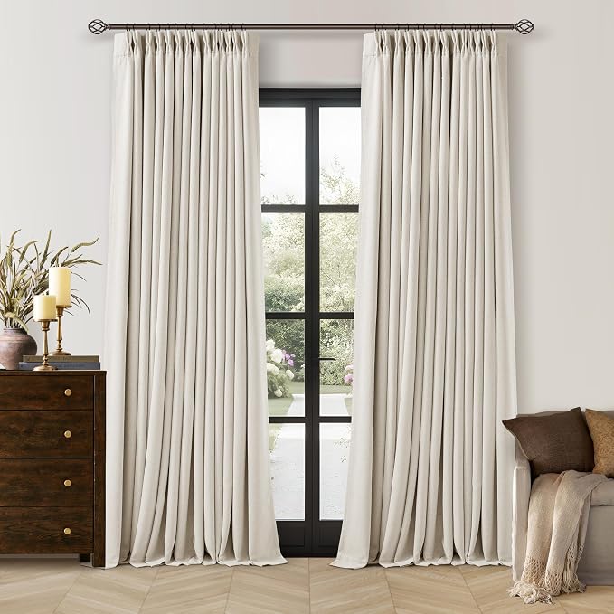 90 Inch Pinch Pleated Blackout Linen Curtains 2 Panels Natural | Memory Trained by Twodrapes