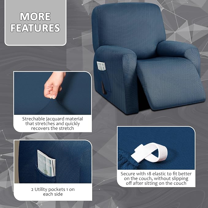 ULTICOR 4-Piece, 1 Seat Recliner Cover, Yarn Dyed Reclining Chair Covers - Image 3