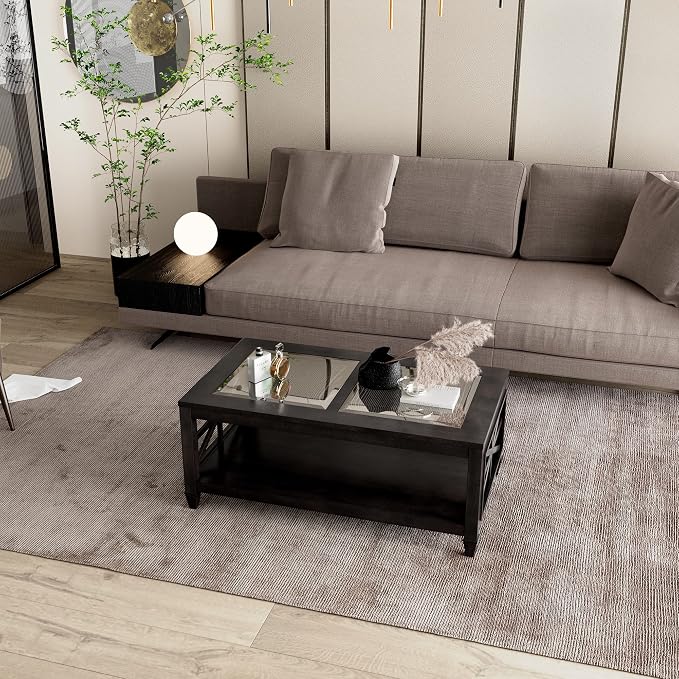 Solid Wood Coffee Table with Tempered Glass Top, 2-Tier 45.5" X 26" Farmhouse - Image 5