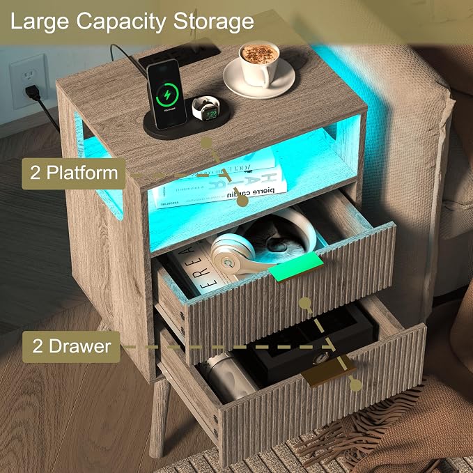 JOONEE Nightstand with Charging Station and LED Lights, Modern Bedside Table - Image 6