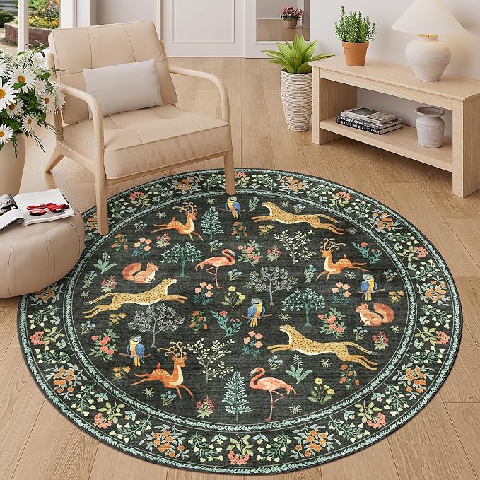 DUKINO 5ft Round Rug, Washable Animal Non Slip Circle Area Rug, Non-Shedding by DUKINO