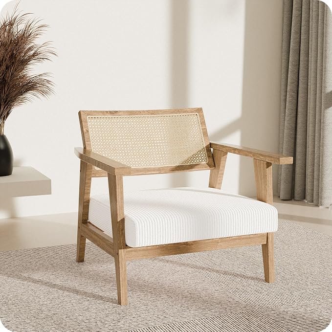 BELLEZE Mid Century Modern Rattan Chair Accent Natural Wood Armchair by BELLEZE