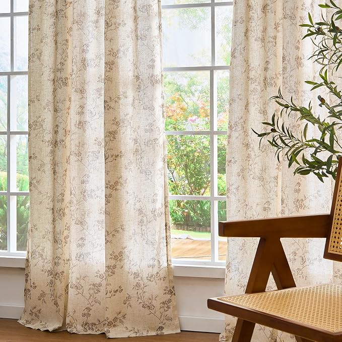 Taupe Vintage Floral Linen Curtains Farmhouse 38W X 63L 2 Panels | Elisa Series - Image 8