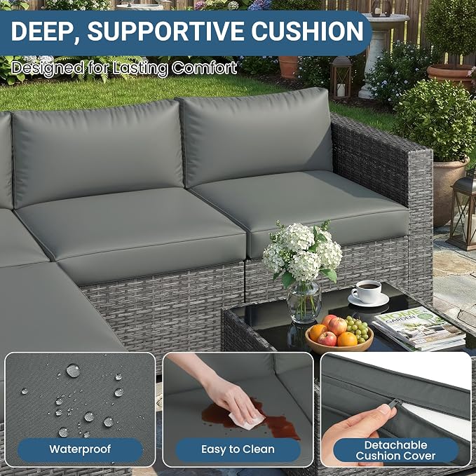 Wisteria Lane 5-Pieces Outdoor Patio Furniture Set, All Weather Wicker Rattan - Image 5