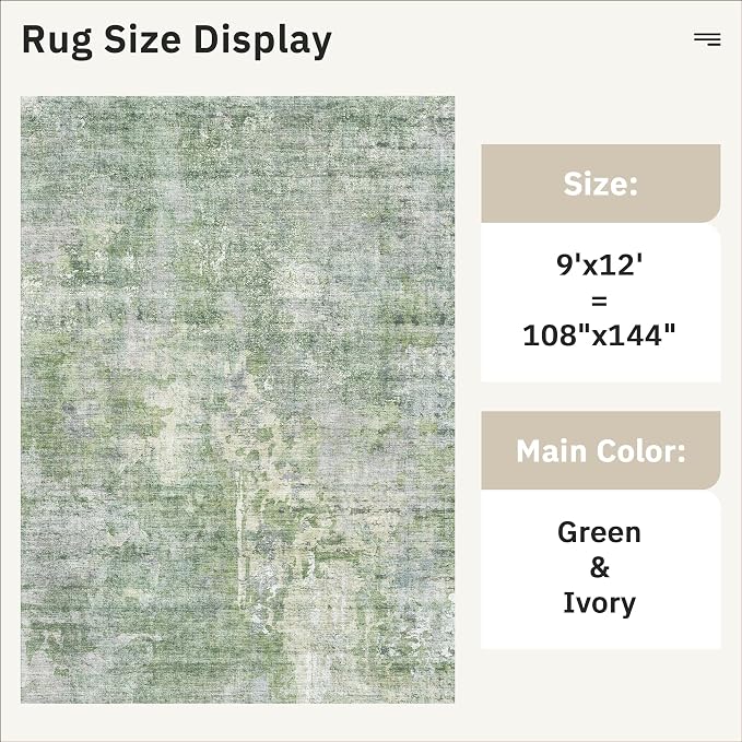 Soalmost 9x12 Area Rugs for Living Room Washable Rug Abstract Green/Ivory | - Image 5