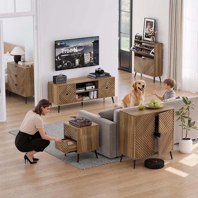 Smuxee Walnut TV Stand with Fluted Diamond Doors, 55.12" Mid Century Modern TV - Image 6