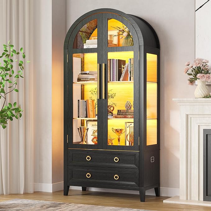 Arched Curio Cabinet with Glass Doors, 4-Tier Display Cabinet with 2 Drawers - Image 4