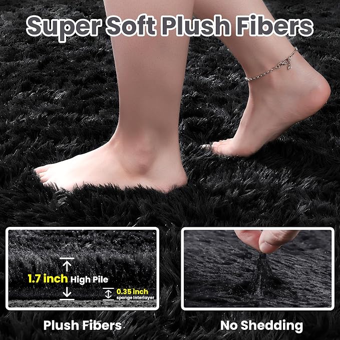 9x12 Fluffy Shag Area Rugs for Living Room Bedroom: Soft Plush Carpet Black | - Image 5