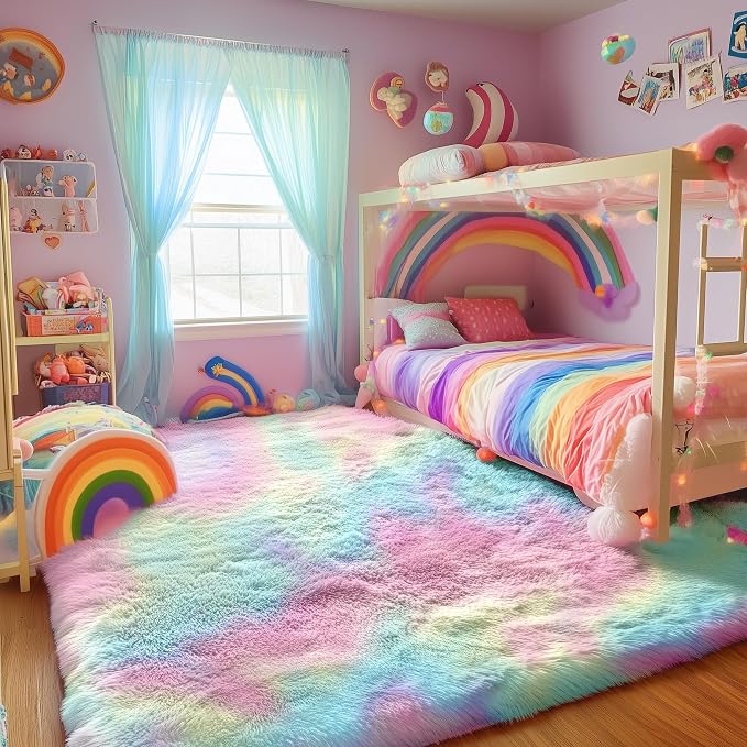 Rainbow Rugs 6x9, Large Fluffy Soft Carpet, Plush Shaggy Rugs - Image 8