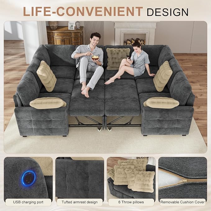 Hanherry Sectional Couch with Pull Out Sofa Bed, Chenille Sleeper Sofa with 2 - Image 4