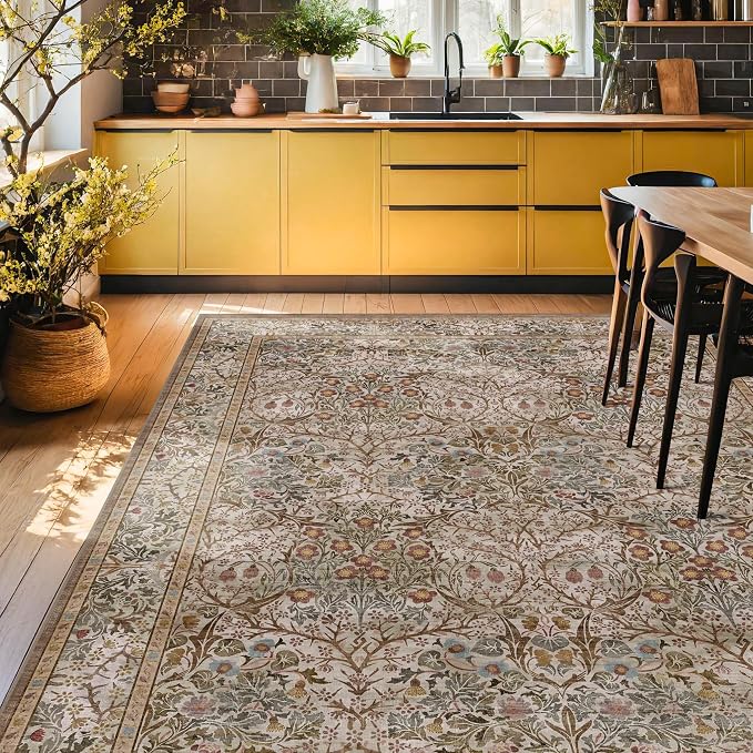 Vintage Moss Green Living Room Rug, Neutral Taupe 8x10 Washable Area Rugs - Image 3