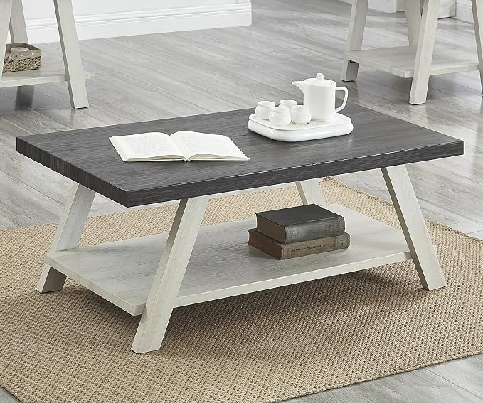 Contemporary Two-Tone Wood Coffee Table 48 in, Weathered Charcoal and Beige - Image 6