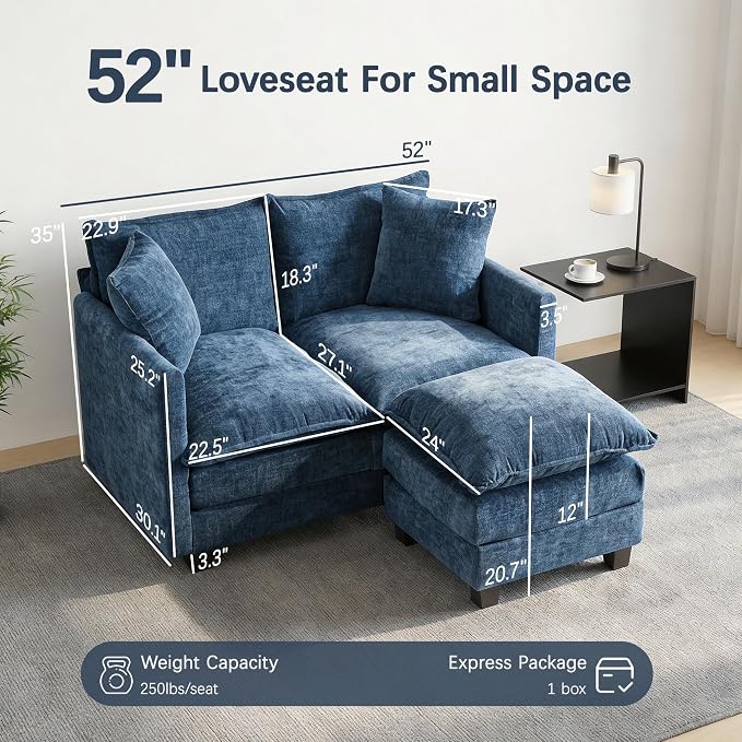 Loveseat Sofa with Ottoman, Comfy Chenille Small Couch - Image 2